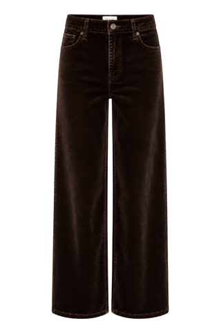 FRAME The Velvet Slim Palazzo Pant in Fudge featuring a high-rise waist, wide-leg silhouette, and rich chocolate-brown velvet finish.