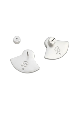 Brackish Hiott Stud Earrings in Silver featuring handcrafted black and white spotted guinea feathers in a fan silhouette with sterling silver-plated stud hardware.