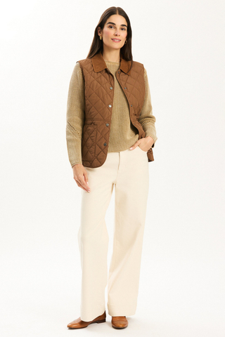 Tyler Boe Amoreena Vest in Bison brown featuring diamond quilting, a corduroy collar, snap-front closure, and patch pockets.