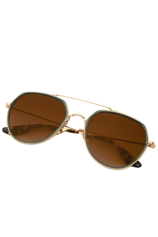 Krewe Baker Sunglasses in Bottle Green and Zulu featuring an oversized aviator frame, gold-tone hardware, and amber gradient lenses.