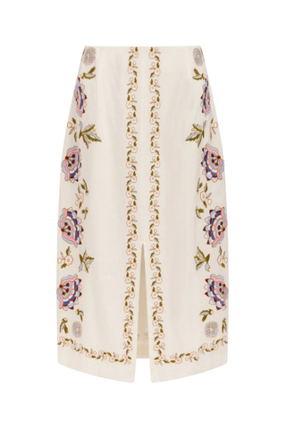 Ivory midi skirt with floral embroidery and front slit