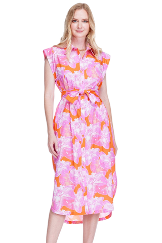 Sleeveless pink and orange floral midi dress with button front and tie waist