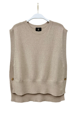 Milio Milano Sweater Vest in Earth Beige featuring a soft sleeveless knit silhouette with a classic crew neckline.