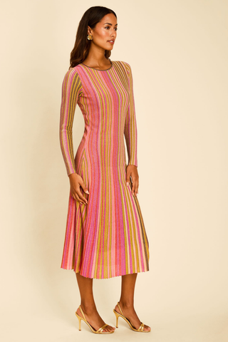 Mestiza James Knit Midi Dress in Sparkling Borealis featuring a multicolor metallic knit, fitted long sleeves, and a softly flared midi skirt.