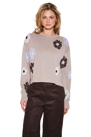 JOHN & JENN Presley Sweater in Rose Bouquet featuring a neutral knit with scattered blue, white, and brown floral motifs.