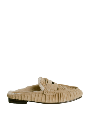 Bibi Lou Lyra Loafer in Trench featuring a neutral tan finish, gathered upper detailing, statement buckle accent, and flat sole.