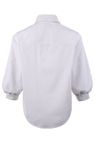 Finley Cora Shirt in White featuring silky poplin fabric, a classic collared neckline, button-front closure, three-quarter-length blouson sleeves, and a flattering semi-fitted silhouette with a high-low hem.