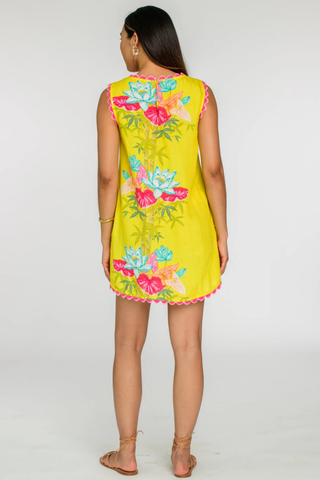 Yellow tropical floral shift dress with pink ric rac trim by Elizabeth James