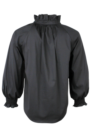Finley Fiona Shirt in Black featuring a high ruffled neckline, button-front closure, three-quarter-length blouson sleeves with smocked cuffs, and relaxed poplin silhouette.