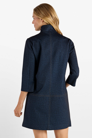 Jude Connally Callie Dress in Navy featuring a point collar, 3/4-length sleeves, saddle contrast stitching, and mini silhouette.