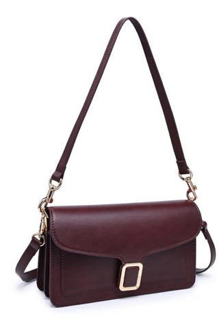 Urban Expressions Coco Crossbody in Wine featuring a structured vegan leather silhouette, flap front, buckle detail, and detachable strap.