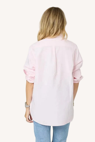 Kerri Rosenthal Mia lightweight oxford shirt in soft pink with button front and relaxed fit styled with jeans