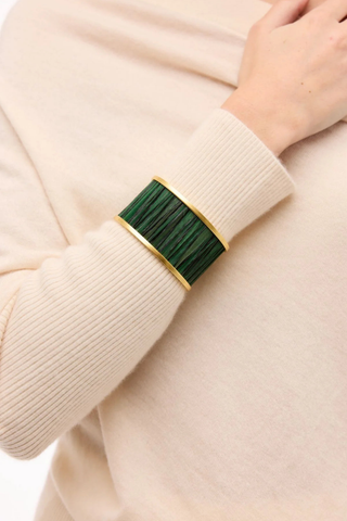 Brackish Valentina Wide Cuff featuring green stone detailing with a polished gold-tone frame.