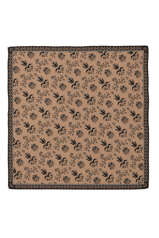 Swells Pepper Block Print 36-inch silk scarf featuring an intricate brown and black block-style print.