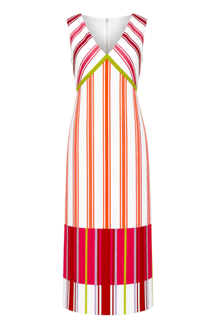 Striped dress with red, orange, and green pattern on a white background