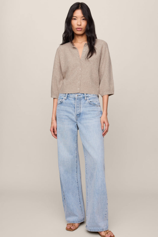 Natural heather button-front cardigan with elbow-length sleeves.