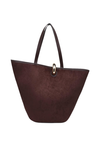 Urban Expressions Raelynn Tote in Chocolate featuring soft brown faux suede, slim shoulder straps, gold-tone hardware, and a structured tote silhouette.