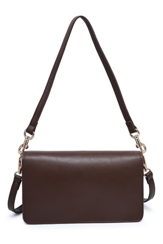 Urban Expressions Coco Crossbody in Espresso featuring a structured vegan leather silhouette, flap front, buckle detail, and detachable strap.