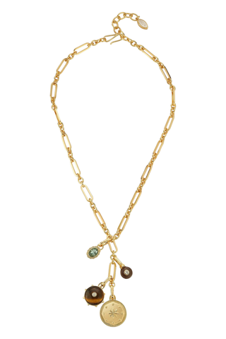 Mignonne Gavigan Onda Necklace in Gold featuring a delicate gold-plated chain with tiger's eye, mother-of-pearl, glass, and crystal charms.