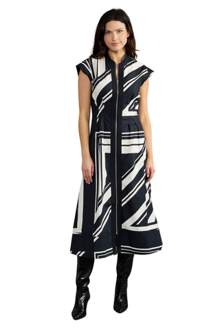 Thomas & Lourdes Rosalie Dress in Jet Noir featuring a black-and-ivory graphic print, collared neckline, defined waist, and midi-length flared skirt.