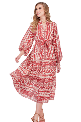 Printed crimson and ivory midi dress with long sleeves and covered buttons.