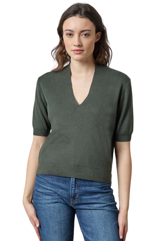 Lilla P V-Neck Elbow Sleeve Sweater in Balsam green featuring a soft knit, V-neckline, elbow-length sleeves, and easy fitted silhouette.