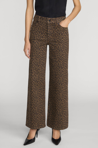 FRAME Le Slim Palazzo jeans in an allover brown and black leopard print with a high rise and wide-leg silhouette.