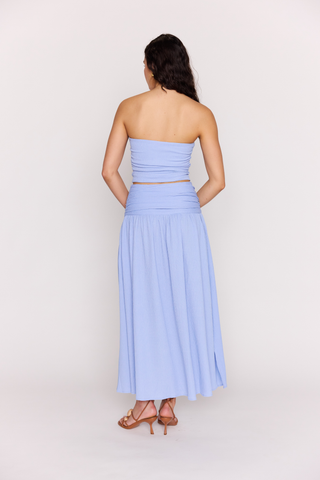 Light blue strapless cropped top with ruched texture