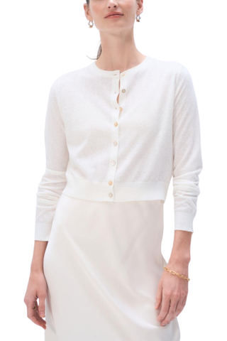 White long sleeve button-front cardigan in lightweight knit fabric