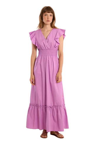 Molly Bracken lilac midi dress with ruffle sleeves and tiered skirt