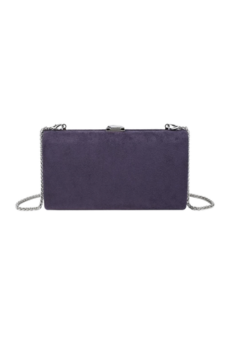Urban Expressions Babe Clutch in Grape featuring soft purple faux suede, a sculptural metallic clasp, and removable chain strap.