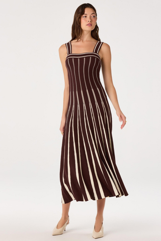 ASTR Marlen Dress in Brown Cream with vertical stripes, square neckline, and fit-and-flare midi silhouette.