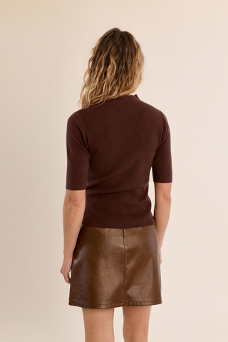 Molly Bracken Knitted Sweater in chocolate brown with short sleeves, crew neckline, and fitted silhouette.