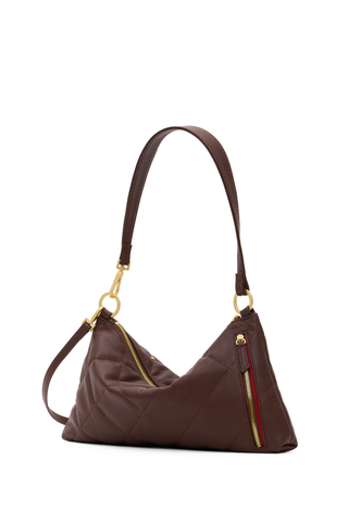 Hammitt Kyle Med Handbag in Quilted Espresso featuring dark brown pebbled leather, quilted stitching, mini rivet details, and brushed gold hardware.