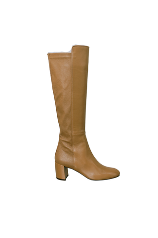 Camel leather knee-high boot with a stacked block heel.