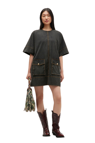 Washed Cotton Boxy Mini Dress, Black