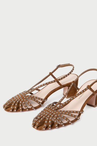 Loeffler Randall Priscilla Slingback Heel in cacao brown suede with silver stud detailing, slingback strap, and block heel.