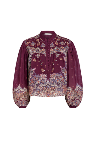 Rhiannon Top in Majesty featuring a rich purple paisley print, stand collar, button front, and full gathered long sleeves.