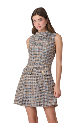 Shoshanna Charlotte Dress in Multi featuring shimmer tweed, a sleeveless mock neckline, A-line silhouette, and decorative pocket details.