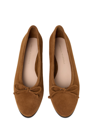 Loeffler Randall Noelle Flat in cacao brown suede with a bow detail, almond-shaped toe, and classic ballet flat silhouette.