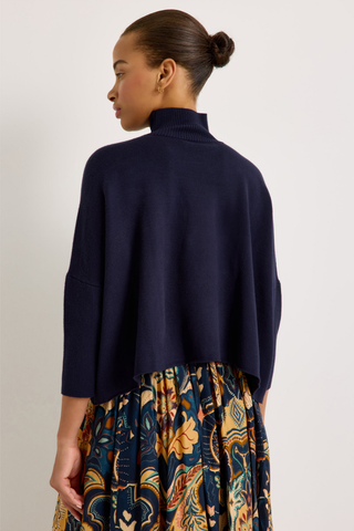 Marie Oliver Claudie Popover in Navy featuring a cropped boxy silhouette, mock neckline, and three-quarter batwing sleeves.