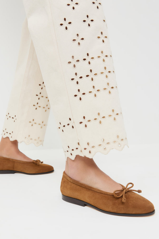 Loeffler Randall Noelle Flat in cacao brown suede with a bow detail, almond-shaped toe, and classic ballet flat silhouette.