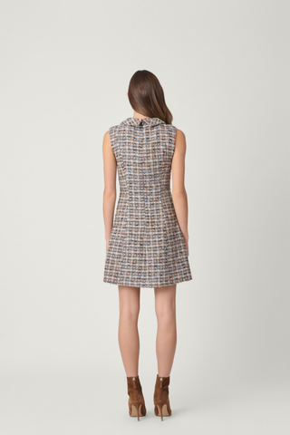 Shoshanna Charlotte Dress in Multi featuring shimmer tweed, a sleeveless mock neckline, A-line silhouette, and decorative pocket details.