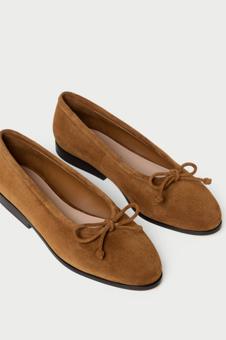 Loeffler Randall Noelle Flat in cacao brown suede with a bow detail, almond-shaped toe, and classic ballet flat silhouette.
