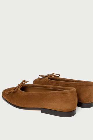 Loeffler Randall Noelle Flat in cacao brown suede with a bow detail, almond-shaped toe, and classic ballet flat silhouette.