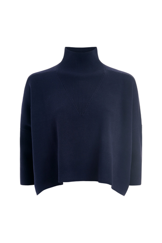 Marie Oliver Claudie Popover in Navy featuring a cropped boxy silhouette, mock neckline, and three-quarter batwing sleeves.