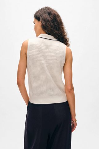 Cable Sleeveless Polo, Soft White/Deep Navy