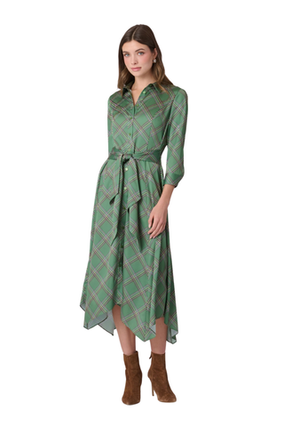 Shoshanna Laine Dress in Olive Multi featuring a printed satin charmeuse fabrication, collared button front, tie waist, and asymmetrical midi hem.