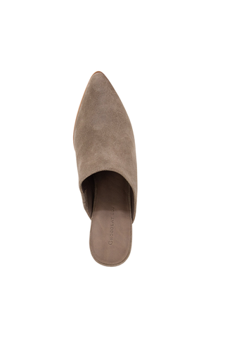 Toffee suede pointed-toe mule with a stacked 3-inch block heel.