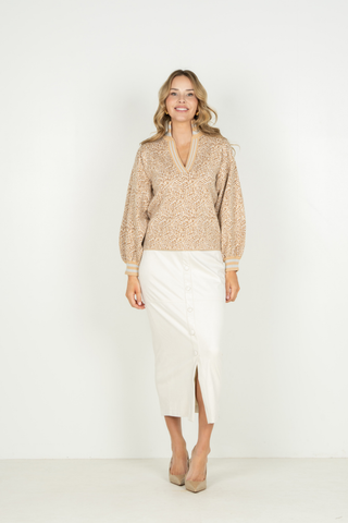 Emily McCarthy Lolli Sweater in Mosaic neutral knit featuring a V-neckline, textured finish, long balloon sleeves, and relaxed silhouette.